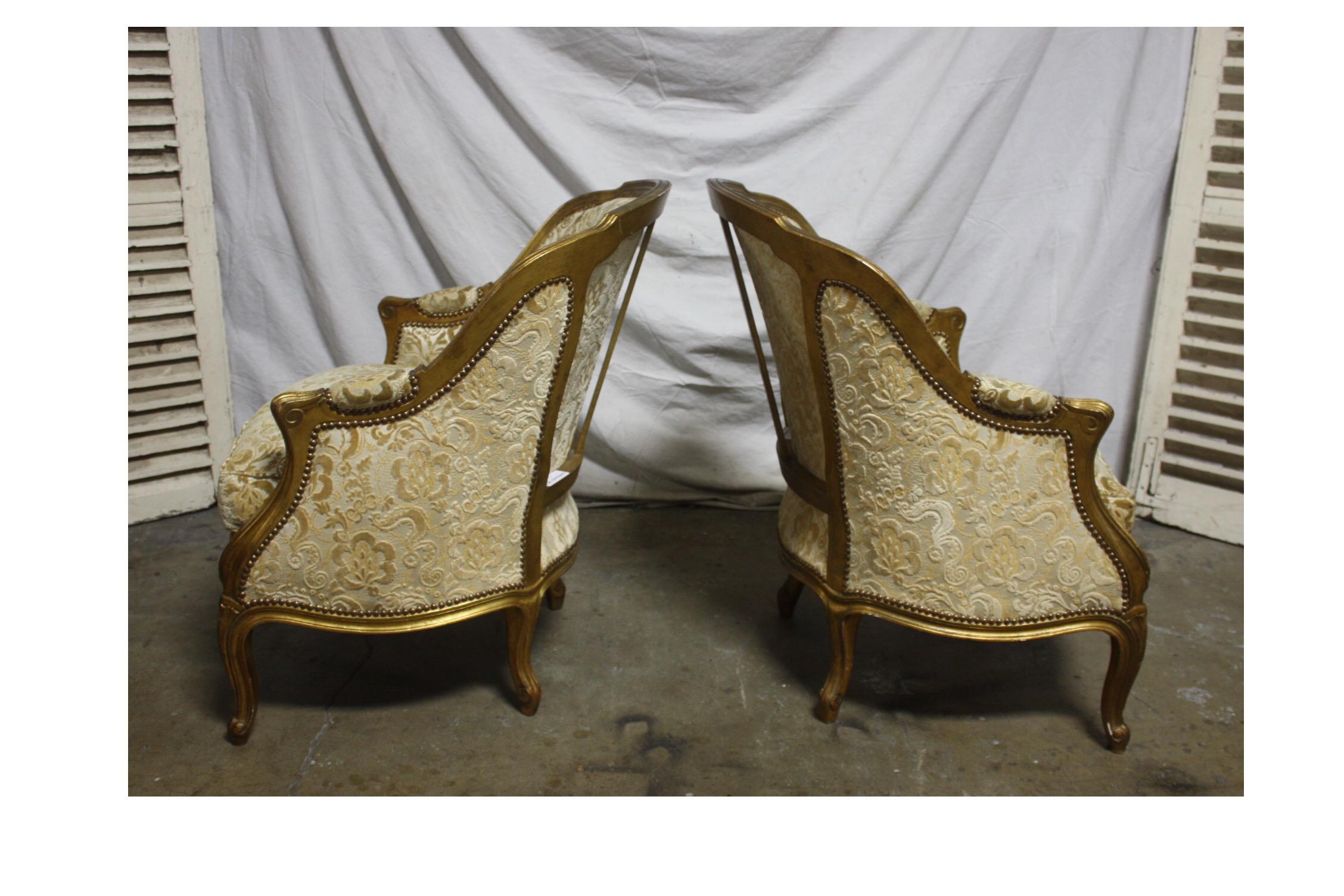Giltwood Late 19th Century Pair of French Bergere Chairs