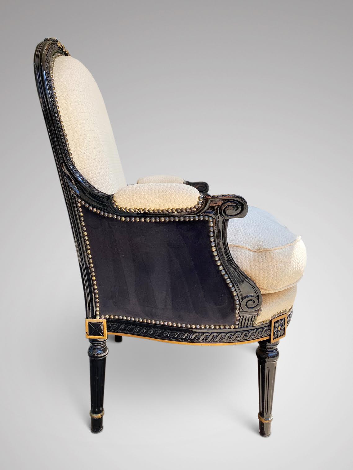 Blackened Late 19th Century Pair of French Black and Gilded Bergères Armchairs