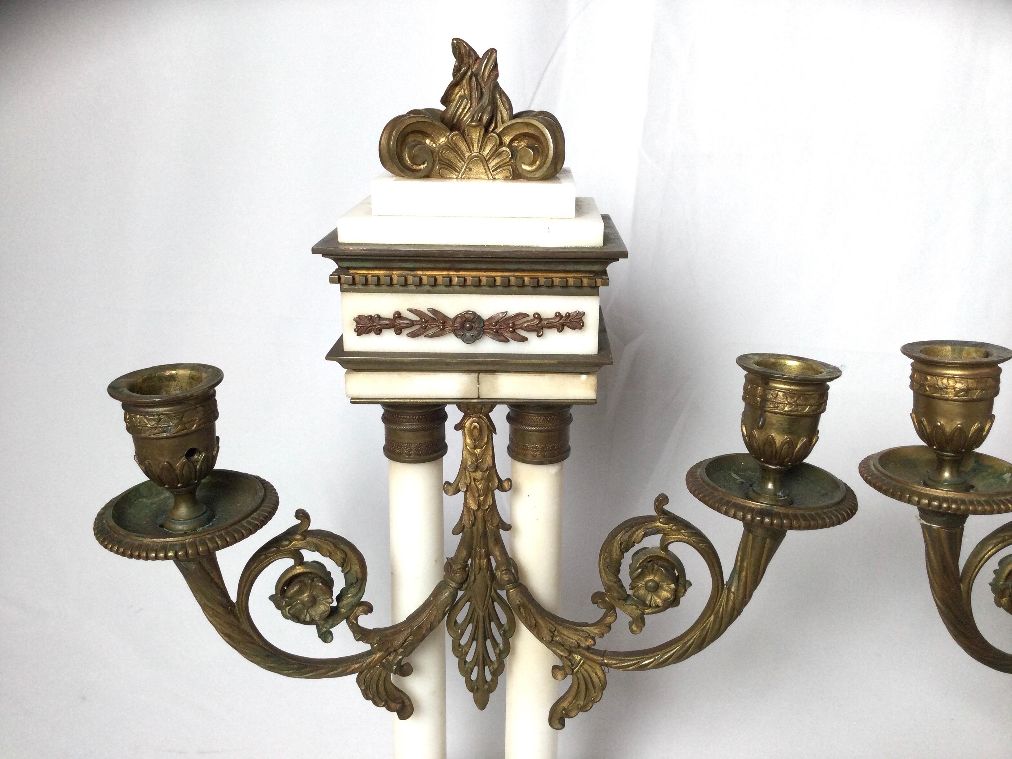 Neoclassical Revival Late 19th Century Pair of  French Bronze and Marble Candelabras For Sale