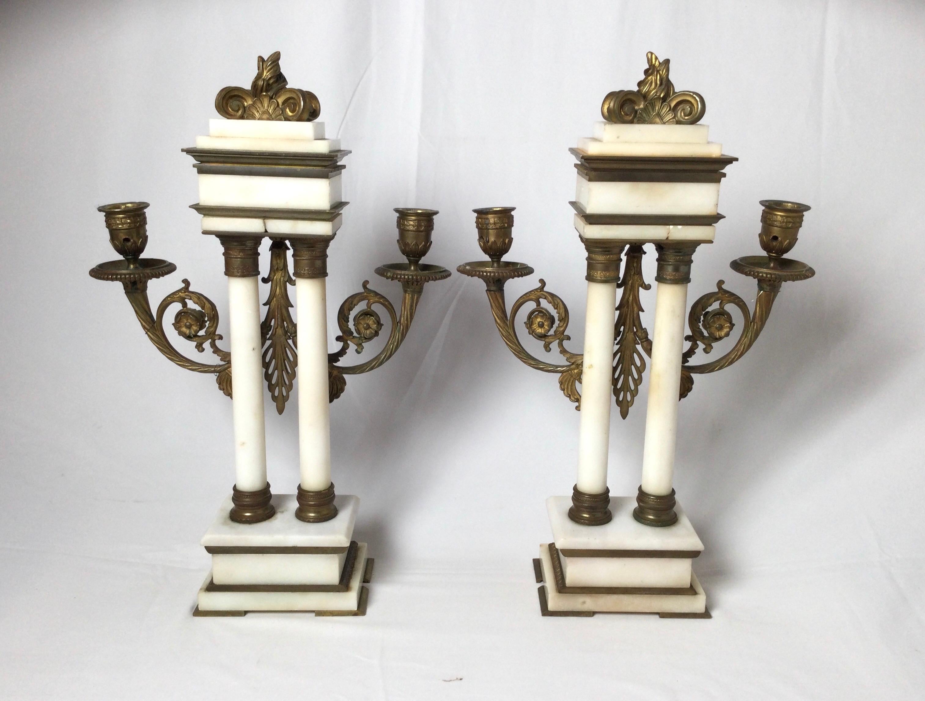 Late 19th Century Pair of  French Bronze and Marble Candelabras For Sale 3