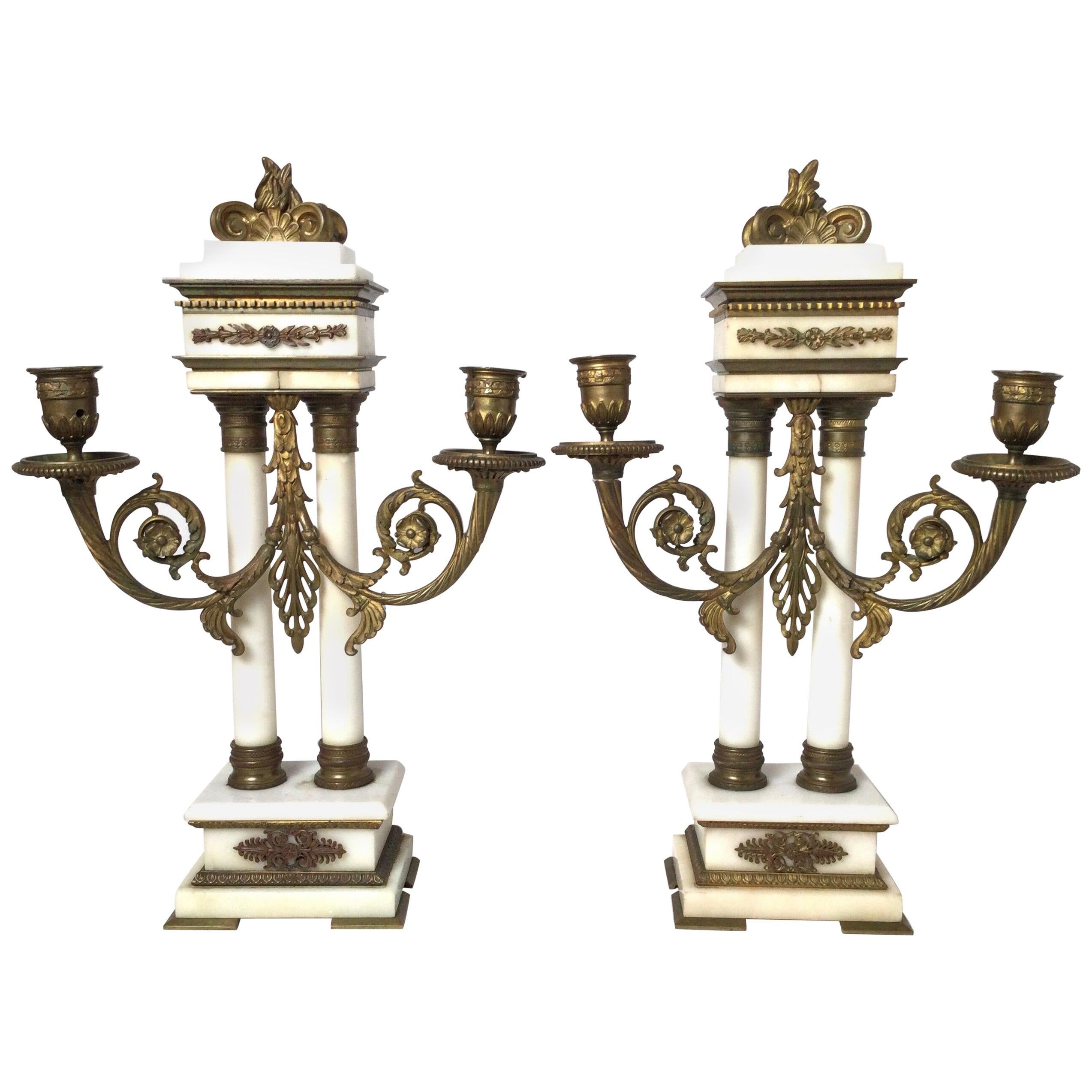 Late 19th Century Pair of  French Bronze and Marble Candelabras