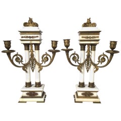 Antique Late 19th Century Pair of  French Bronze and Marble Candelabras