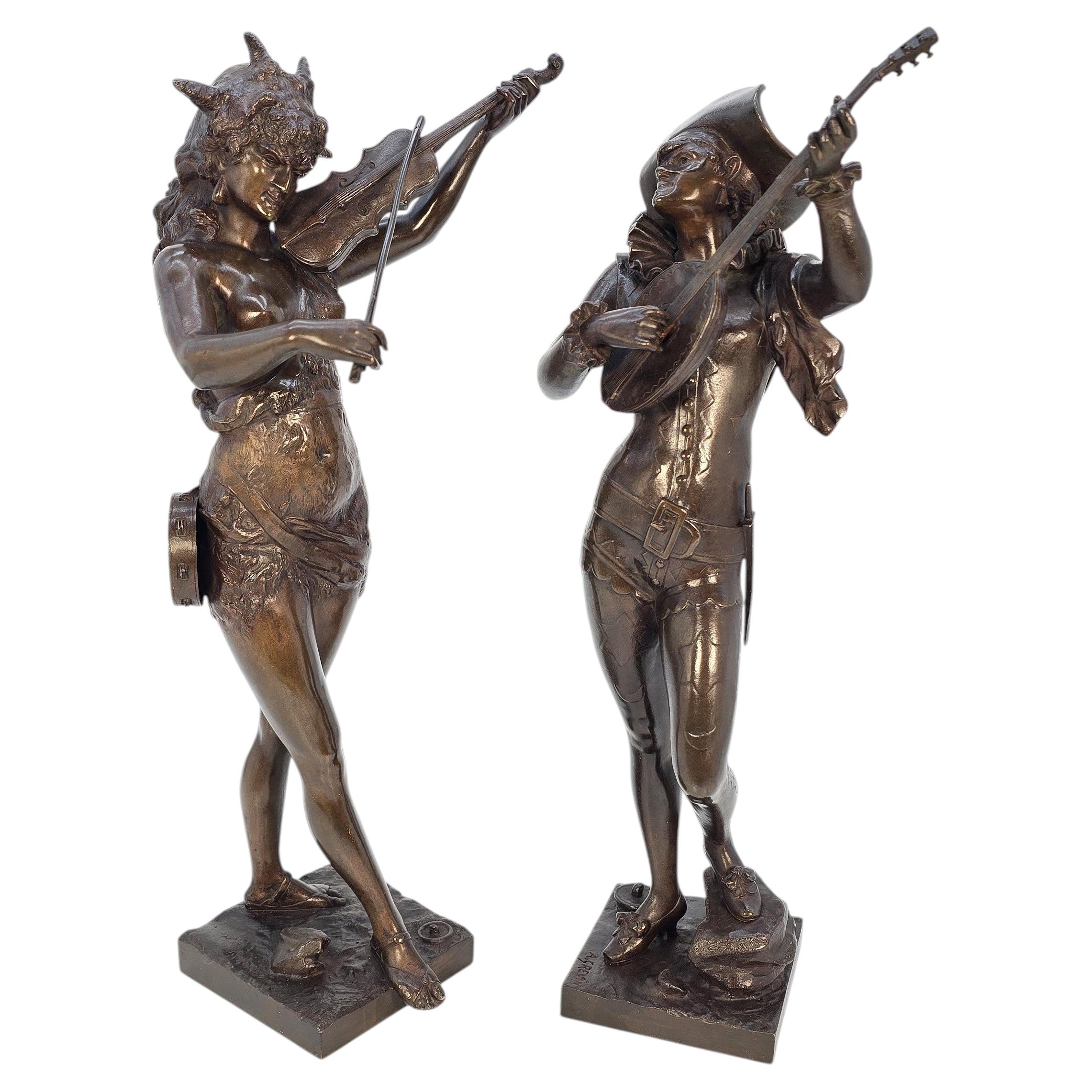 Late 19th century pair of French bronze harlequin figures by Alfred Grevin C1870