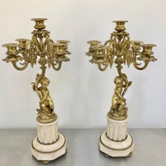 Late 19th Century Pair of French Gilt Bronze and Marble Candelabras