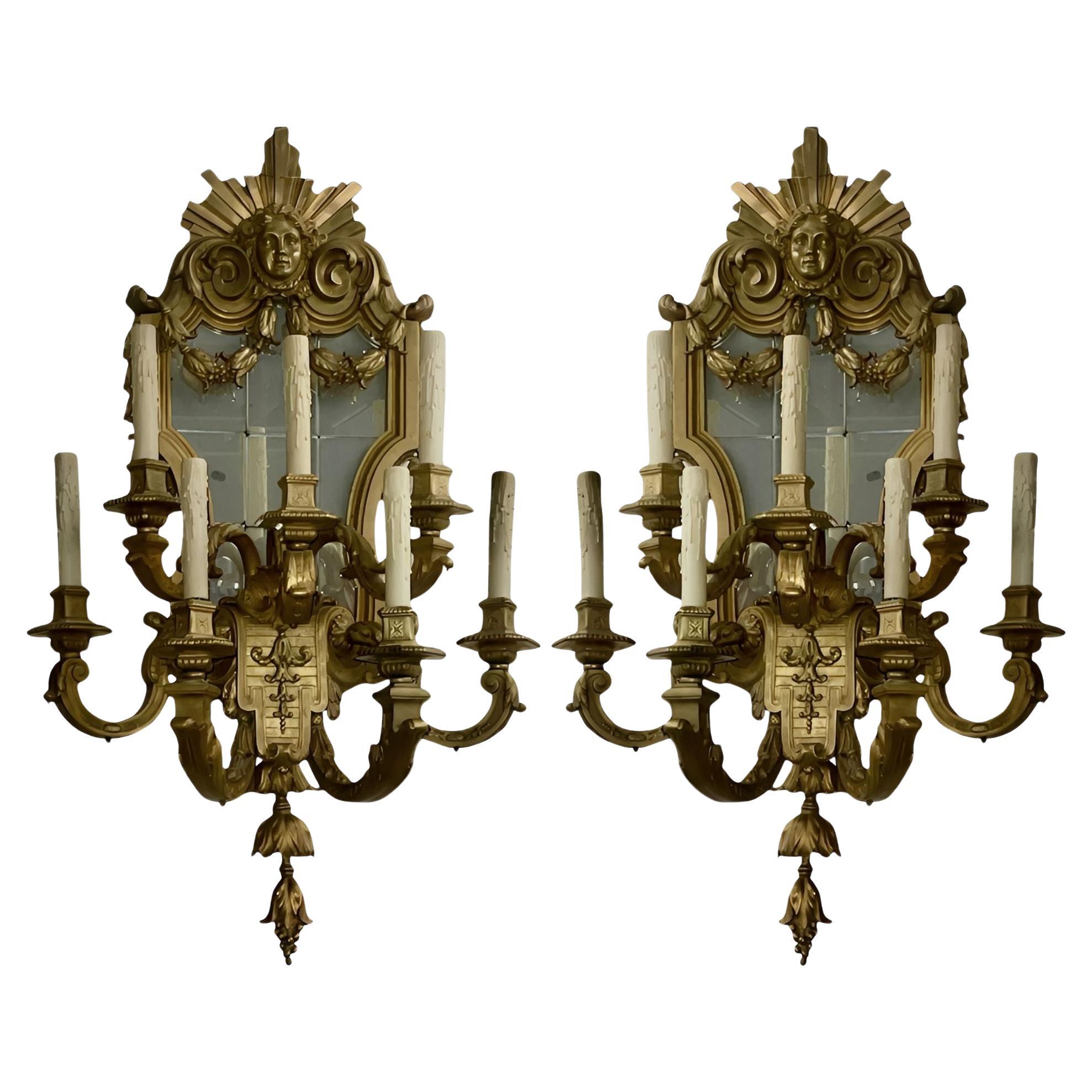 Late 19th Century Pair of French Gilt Bronze Mirrored Wall Sconces Regency Style For Sale