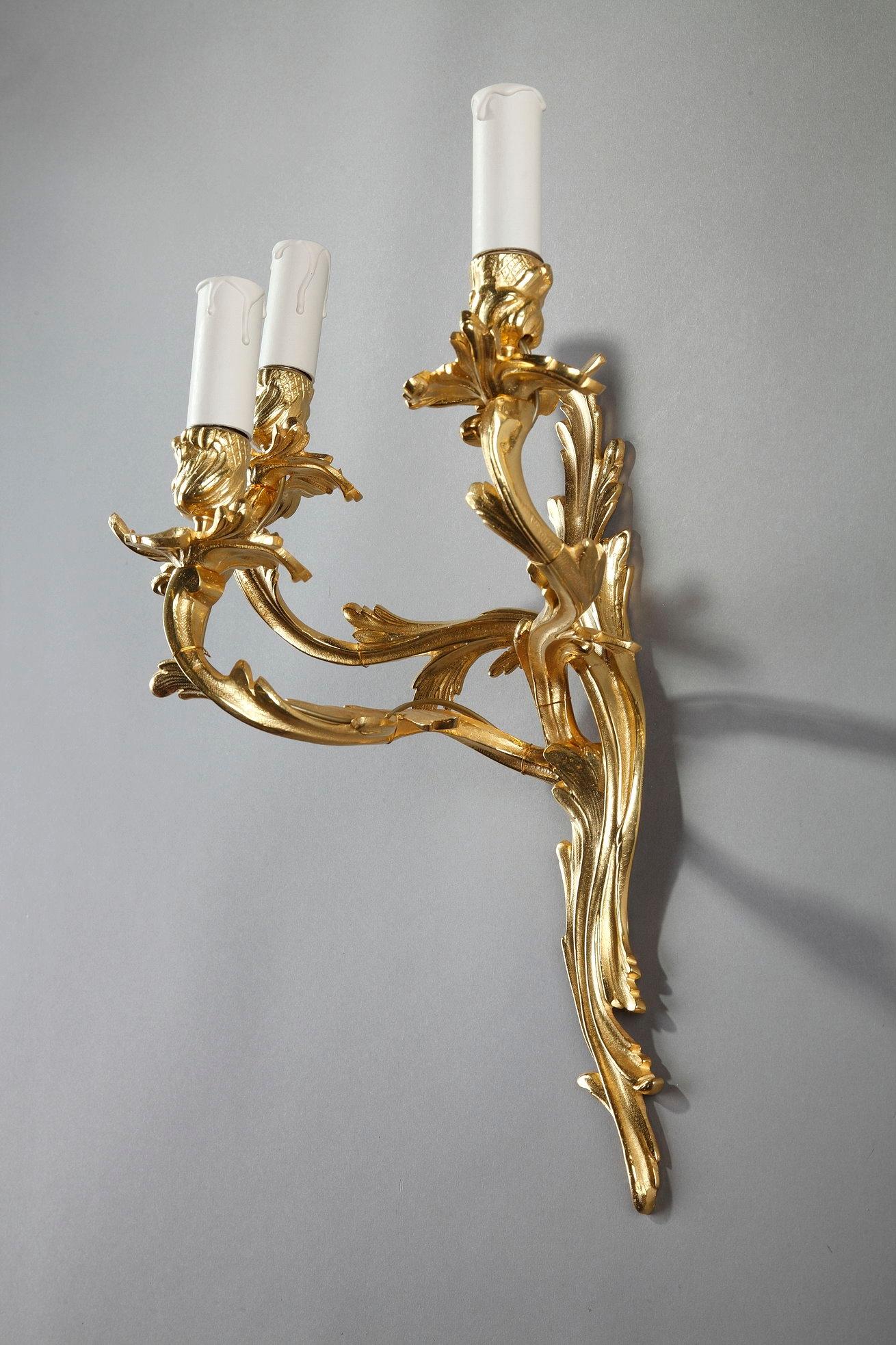 Bronze Late 19th Century Pair of French Wall Sconces in Louis XV Style