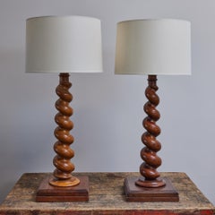 Late 19th Century Pair of French Wooden Barley Twist Turned Lamps