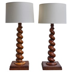 Late 19th Century Pair of French Wooden Barley Twist Turned Lamps