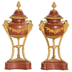 Late 19th Century Pair of Gilt Bronze Mounted Rouge Marble Lidded Coupes