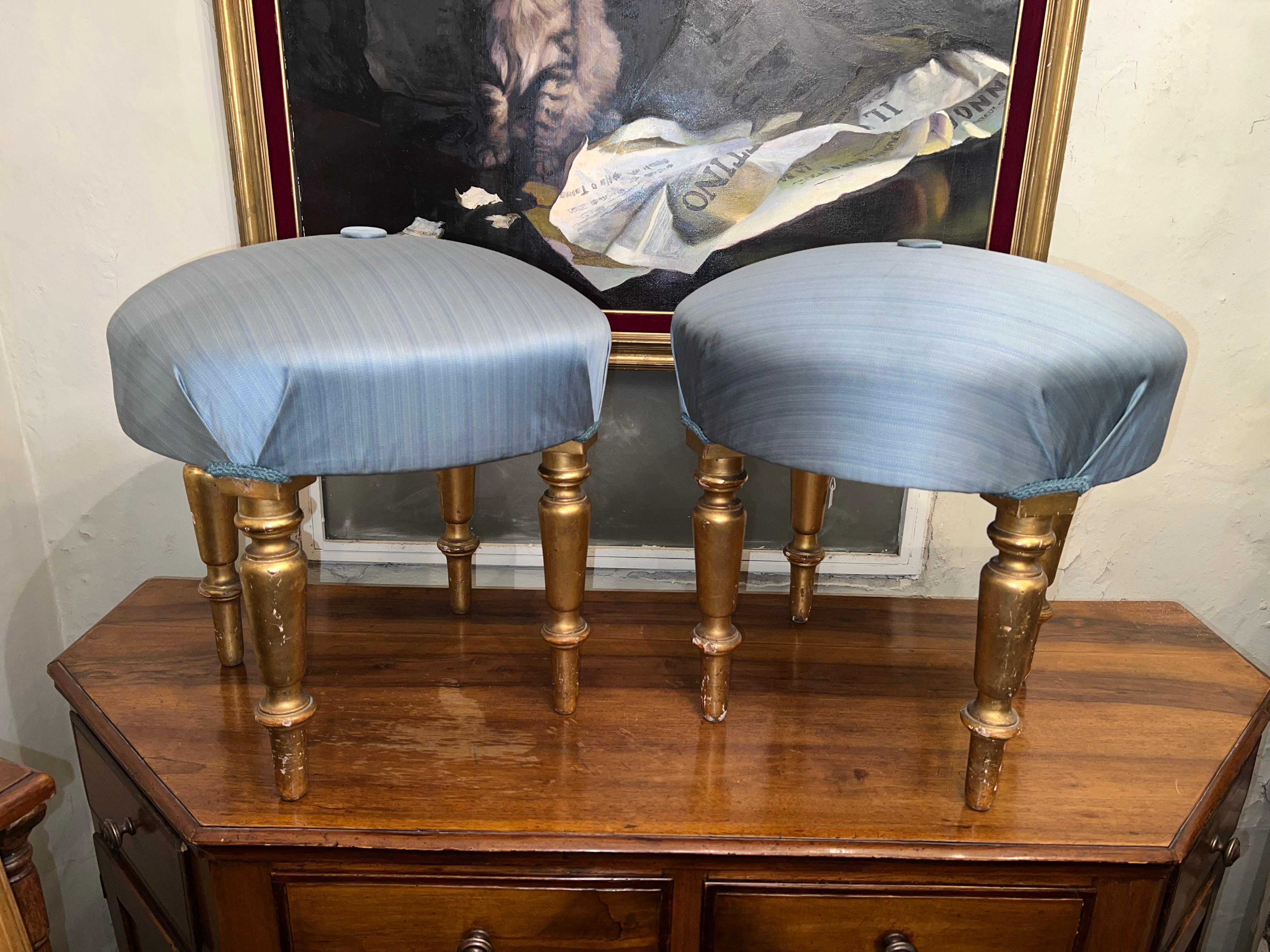 Fabric Late 19th Century Pair of Giltwood Poufs For Sale