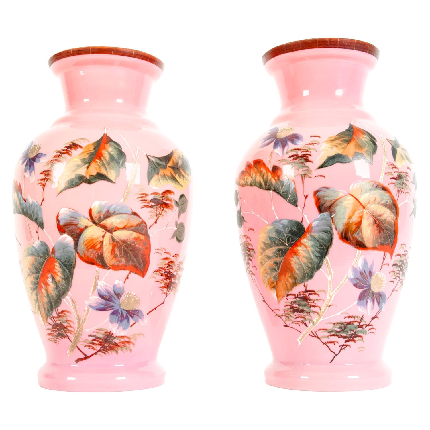 Pair of 19th Century French Pink Opal Glass Mantle Vases w/ Raised Gold