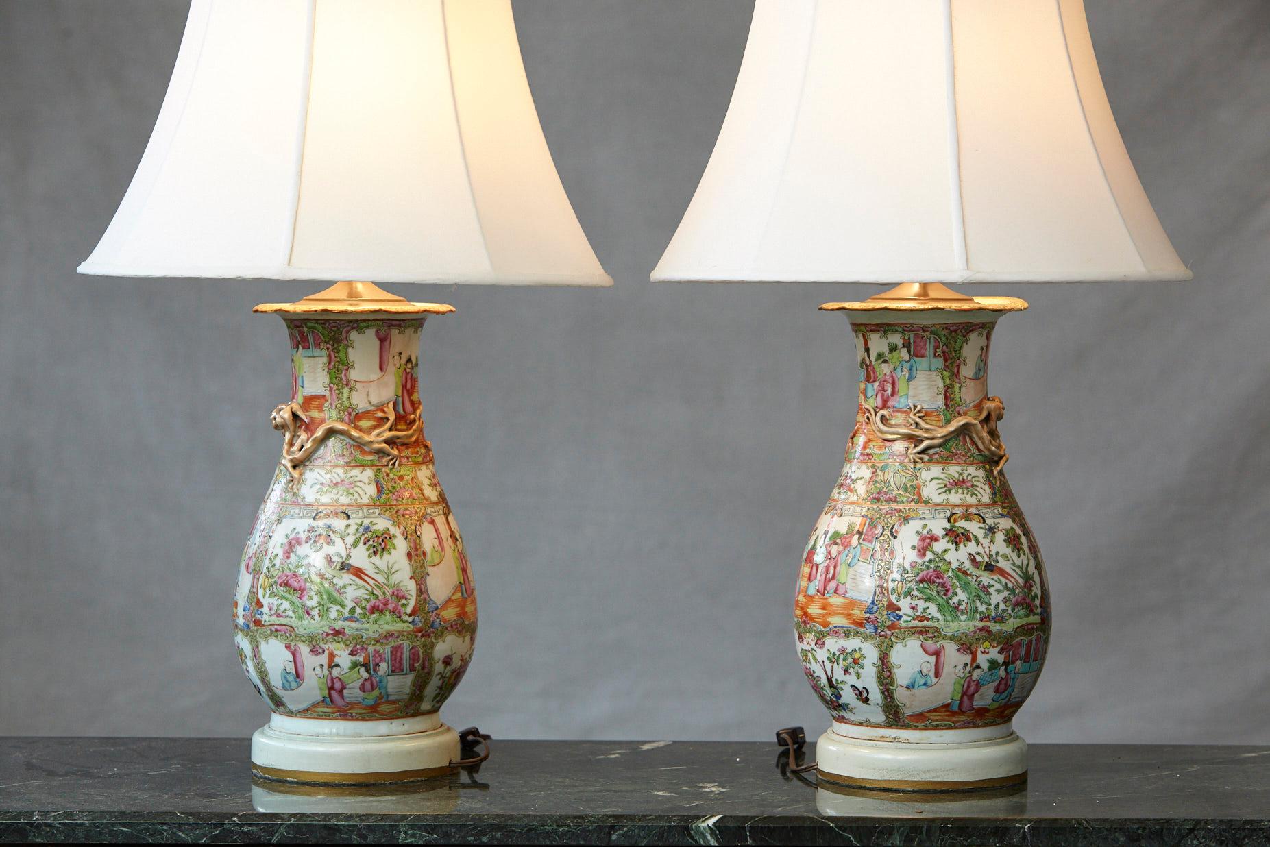 Chinese Export Late 19th Century Pair of Hand Painted Chinese Porcelain Vase Style Table Lamps