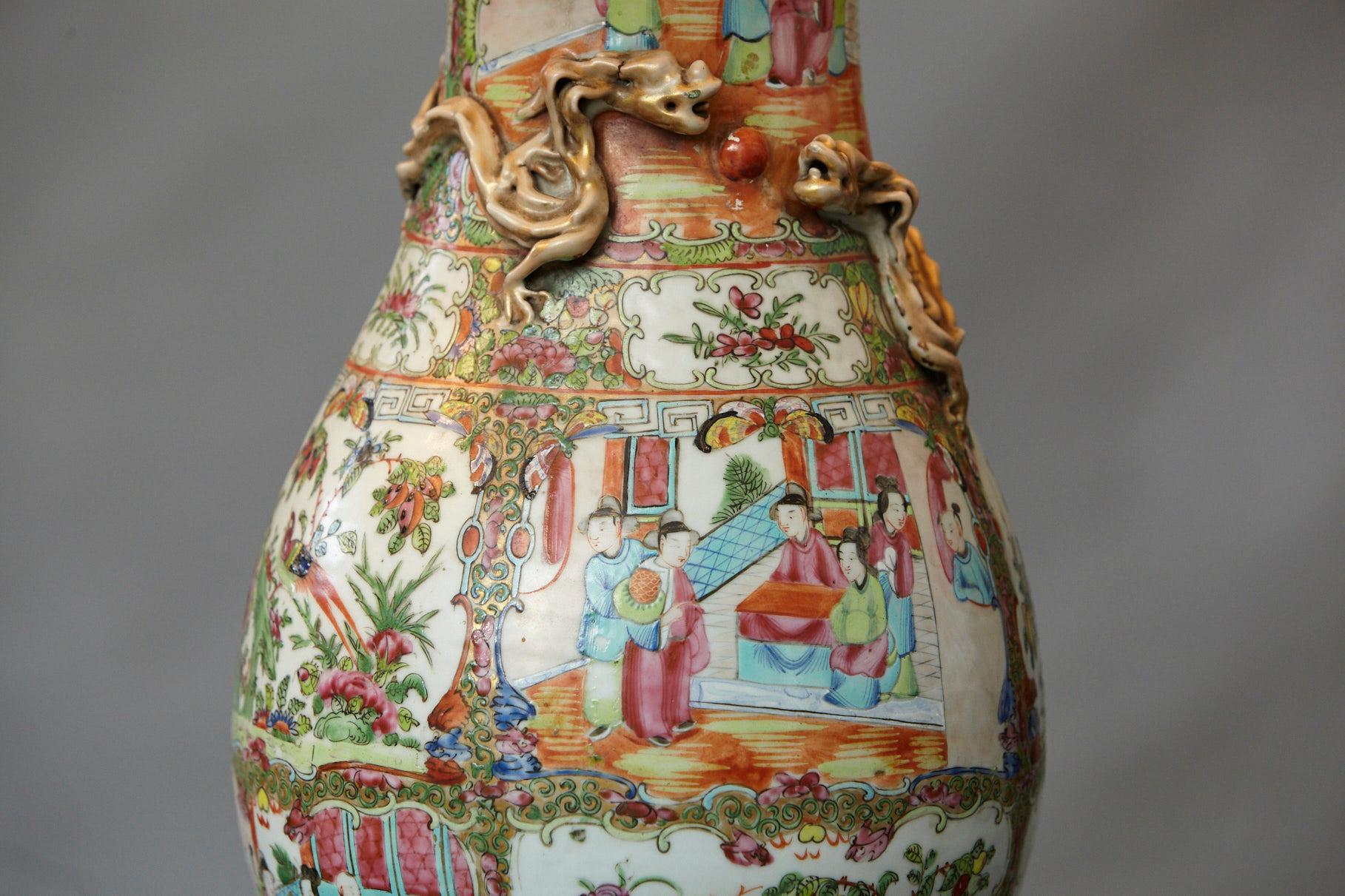 Silk Late 19th Century Pair of Hand Painted Chinese Porcelain Vase Style Table Lamps