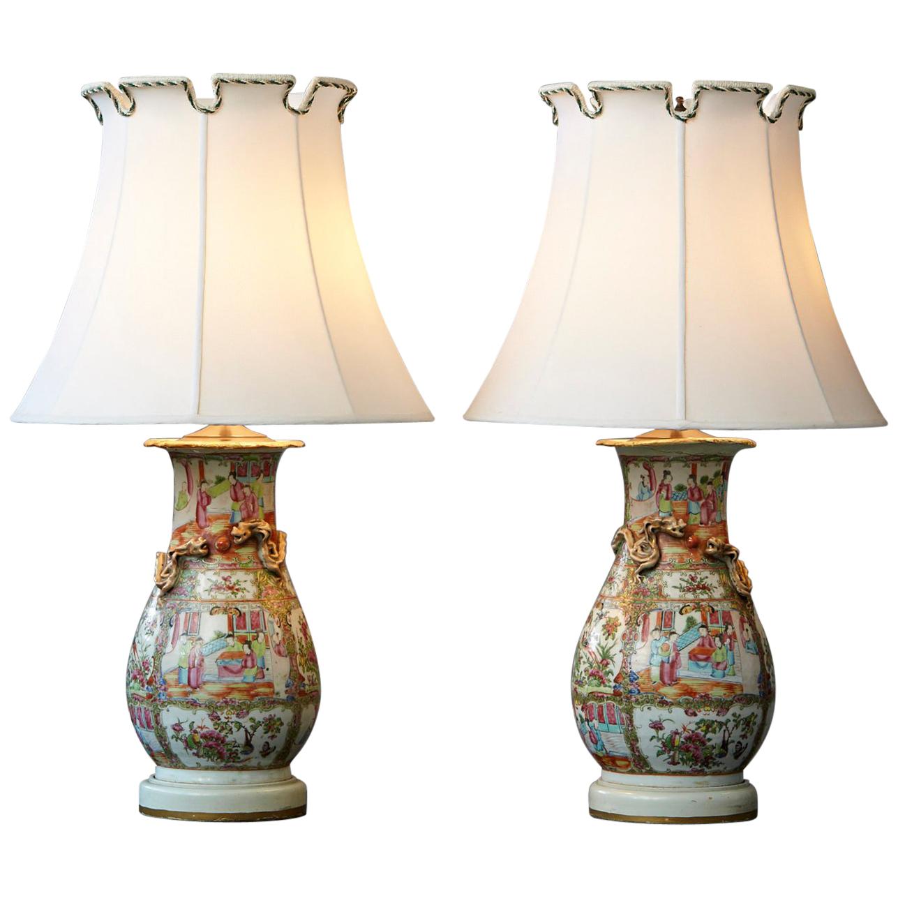Late 19th Century Pair of Hand Painted Chinese Porcelain Vase Style Table Lamps