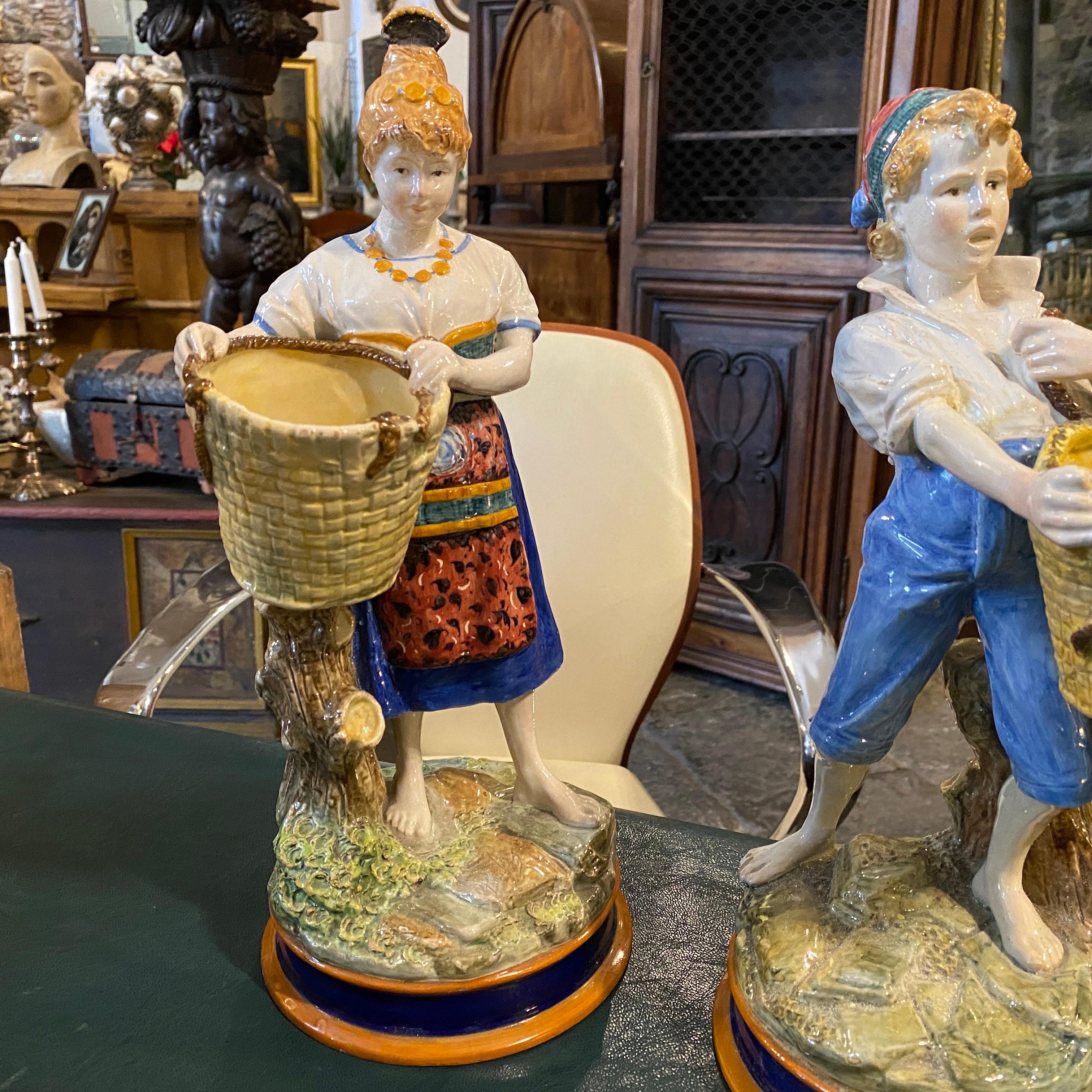 Hand-Crafted Late 19th Century Pair of Hand- Painted Majolica Italian Statues by Ginori