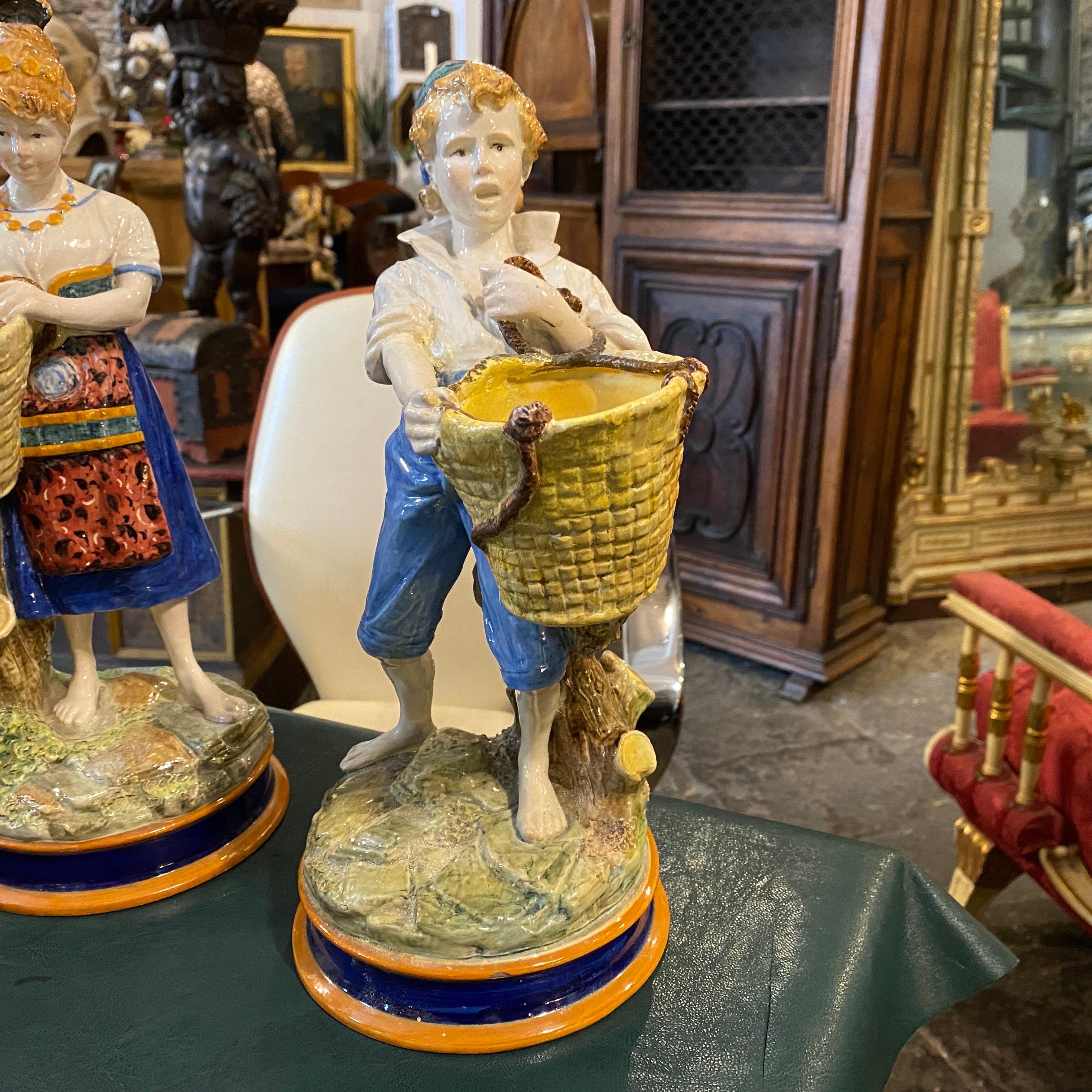 Late 19th Century Pair of Hand- Painted Majolica Italian Statues by Ginori In Good Condition In Catania, Sicilia