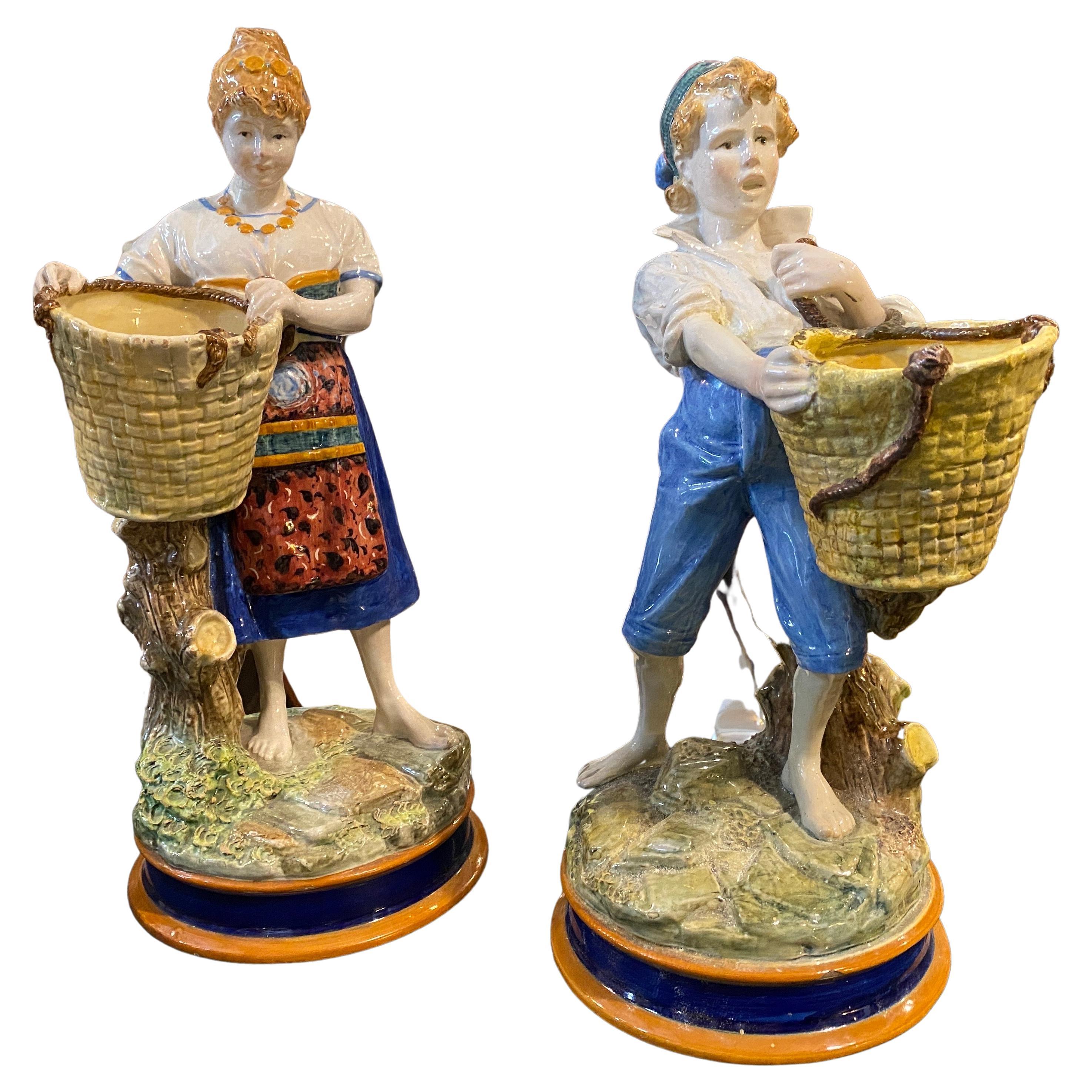Late 19th Century Pair of Hand- Painted Majolica Italian Statues by Ginori