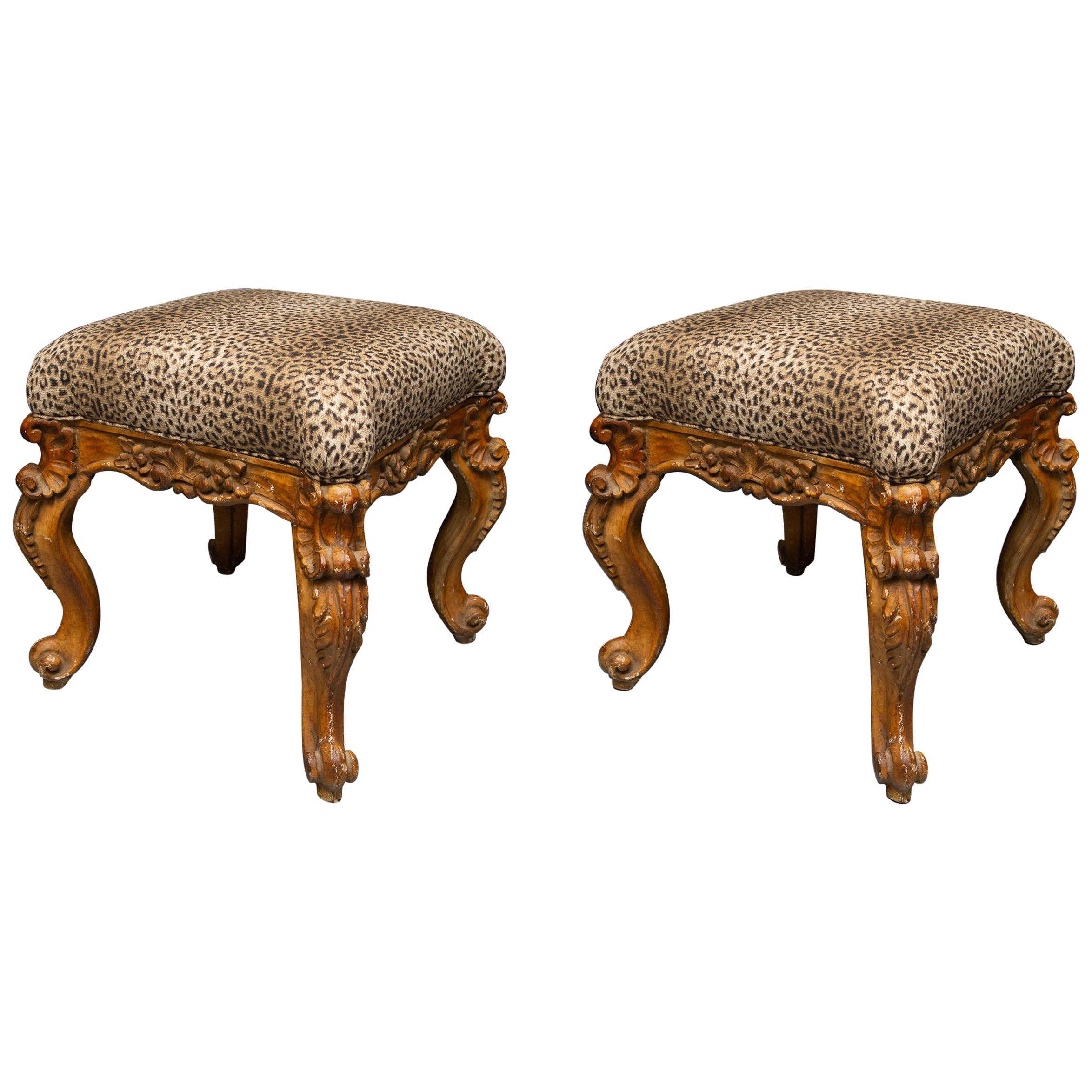 Late 19th Century Pair of Italian Carved Rococo Style Stools