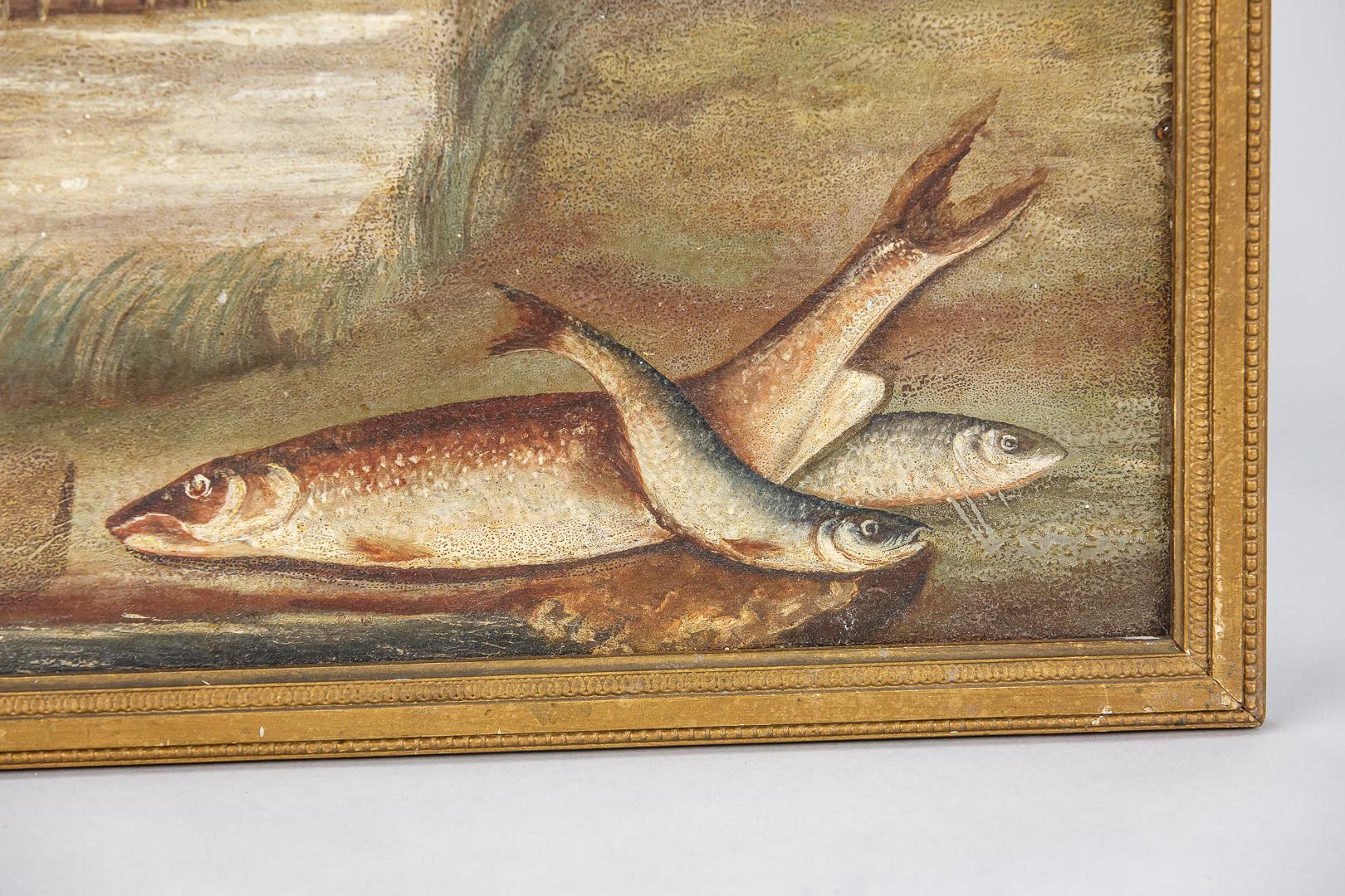 Paire de peintures naïves à l'huile sur carton, représentant des escapades de pêche à la truite au bord de la rivière, surface craquelée intacte. non signé. De beaux exemples d'art populaire anglais. Angleterre, vers 1880. Le prix est fixé par