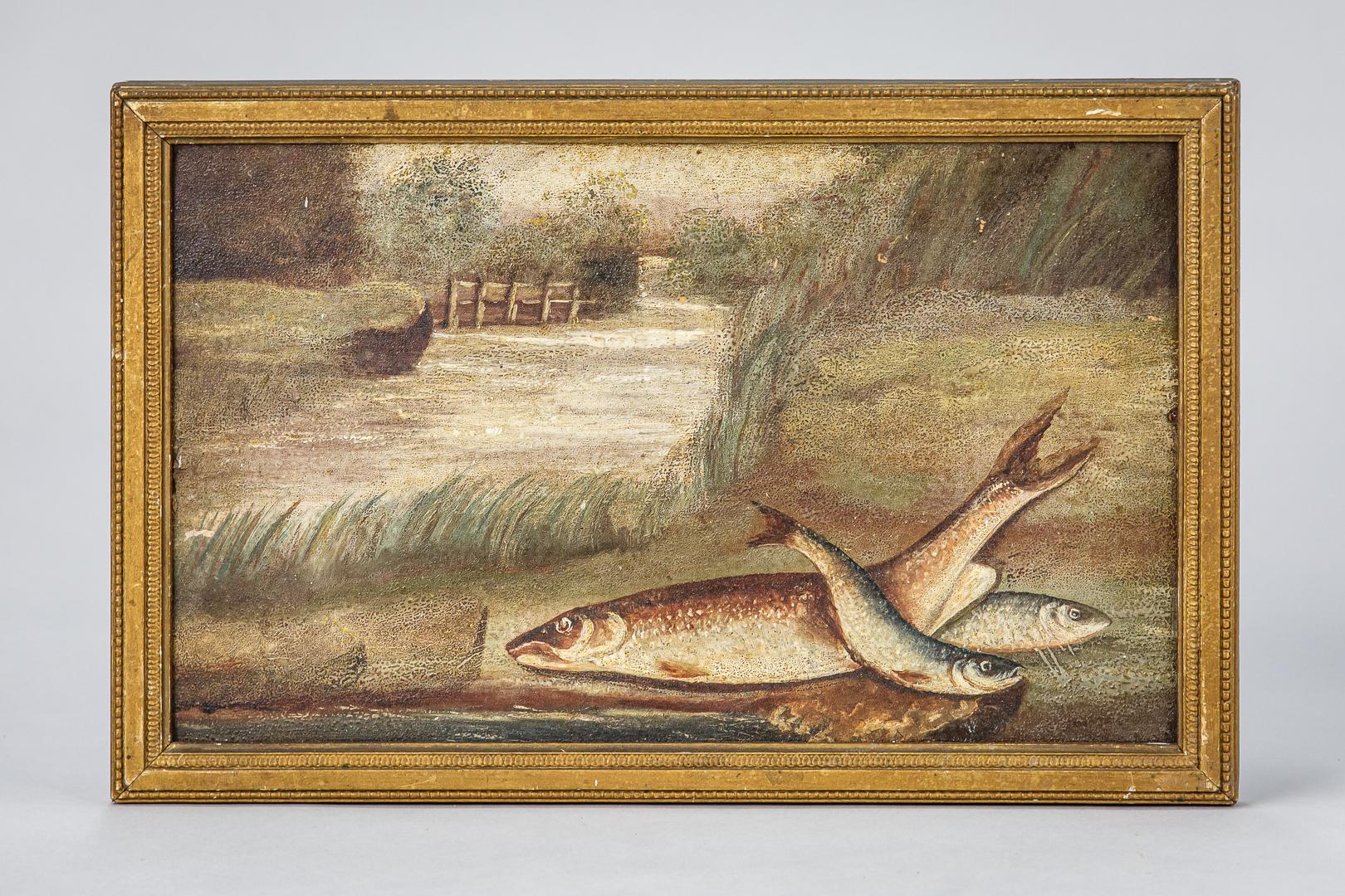 Britannique Paire de peintures anglaises naïves de la fin du XIXe siècle à l'huile sur panneau - Trout de rivière