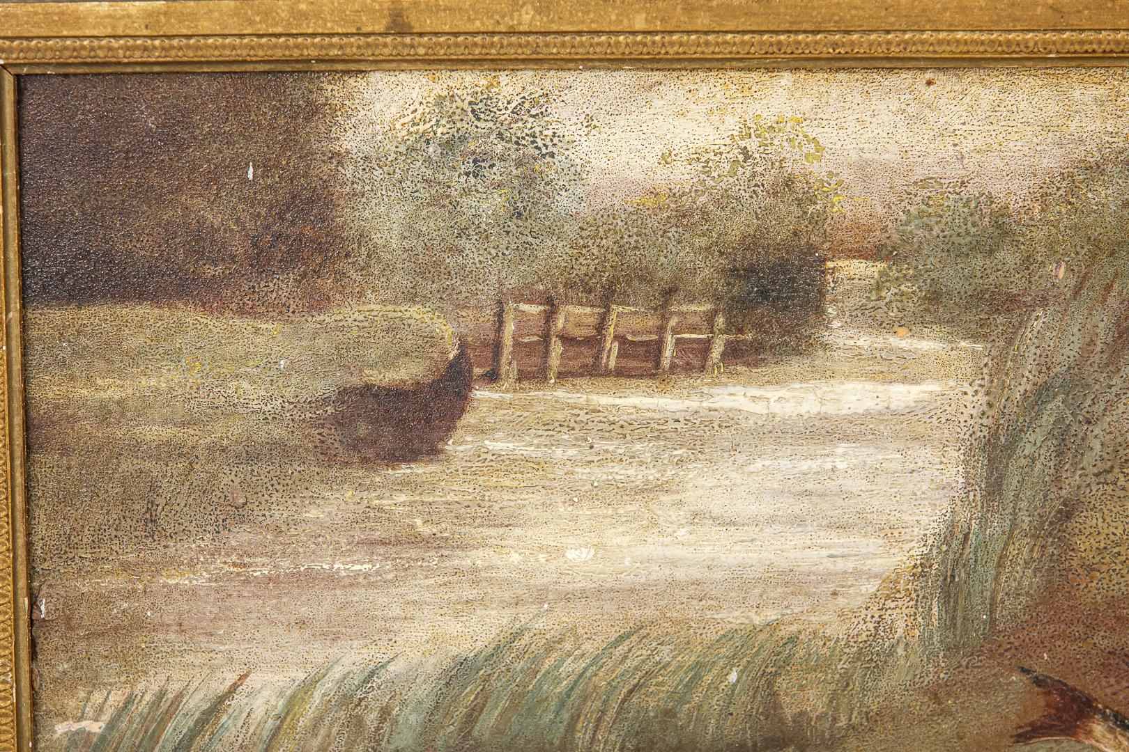 Paire de peintures anglaises naïves de la fin du XIXe siècle à l'huile sur panneau - Trout de rivière Abîmé à Pease pottage, West Sussex