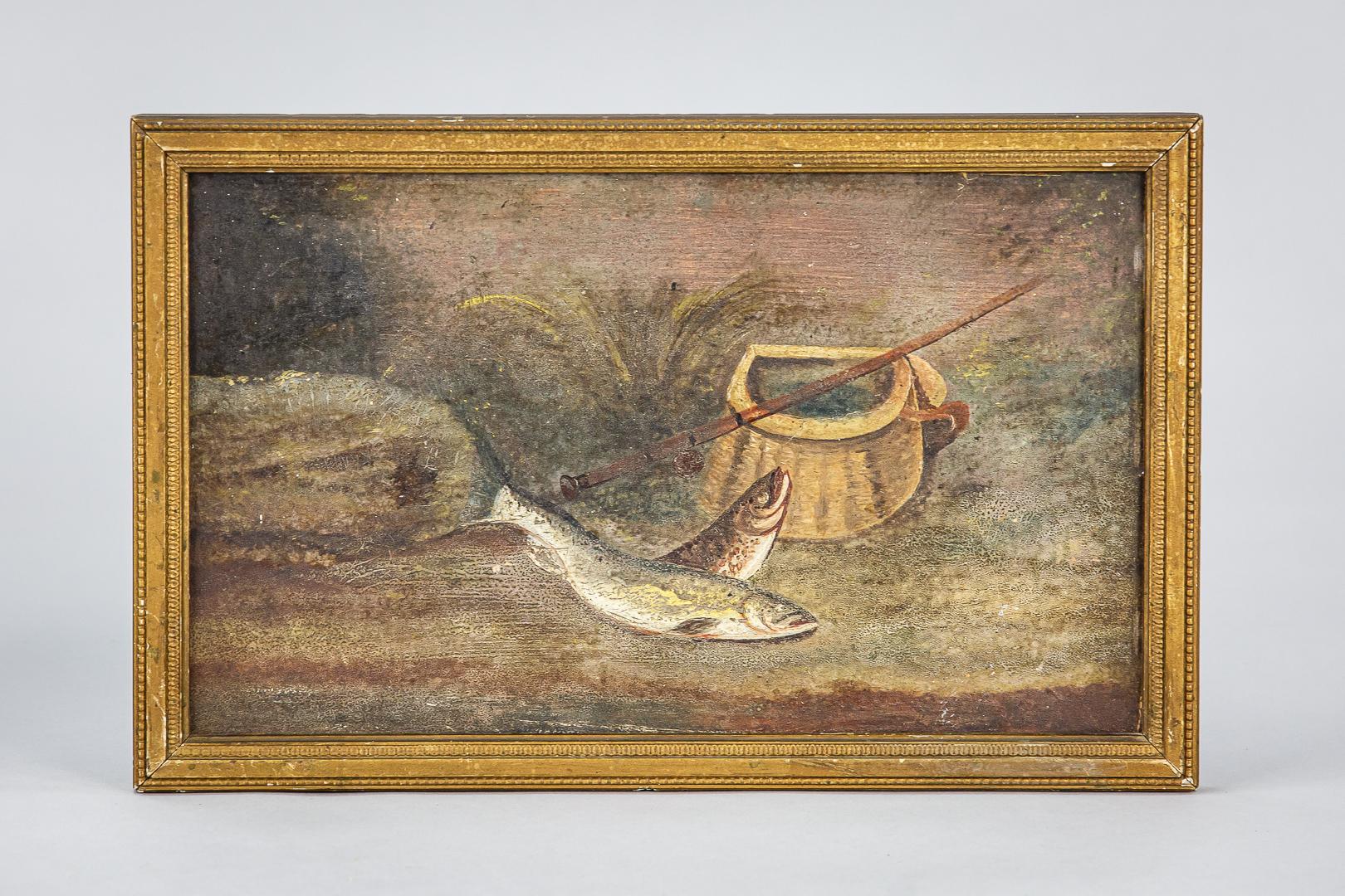 Paire de peintures anglaises naïves de la fin du XIXe siècle à l'huile sur panneau - Trout de rivière 1