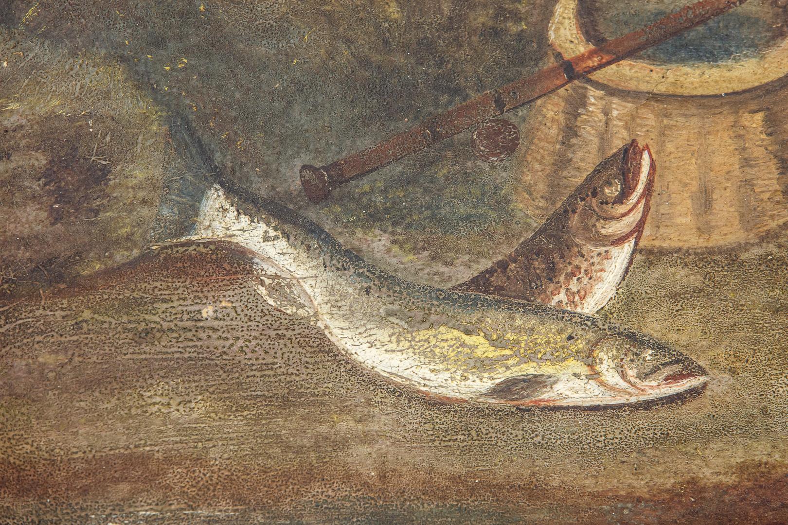 Paire de peintures anglaises naïves de la fin du XIXe siècle à l'huile sur panneau - Trout de rivière 2