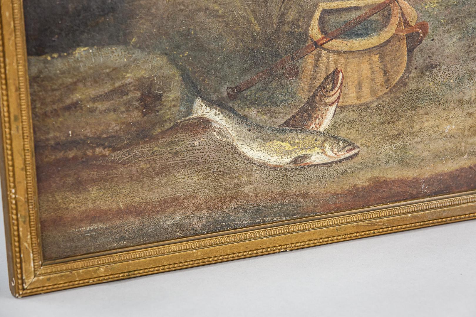 Paire de peintures anglaises naïves de la fin du XIXe siècle à l'huile sur panneau - Trout de rivière 3