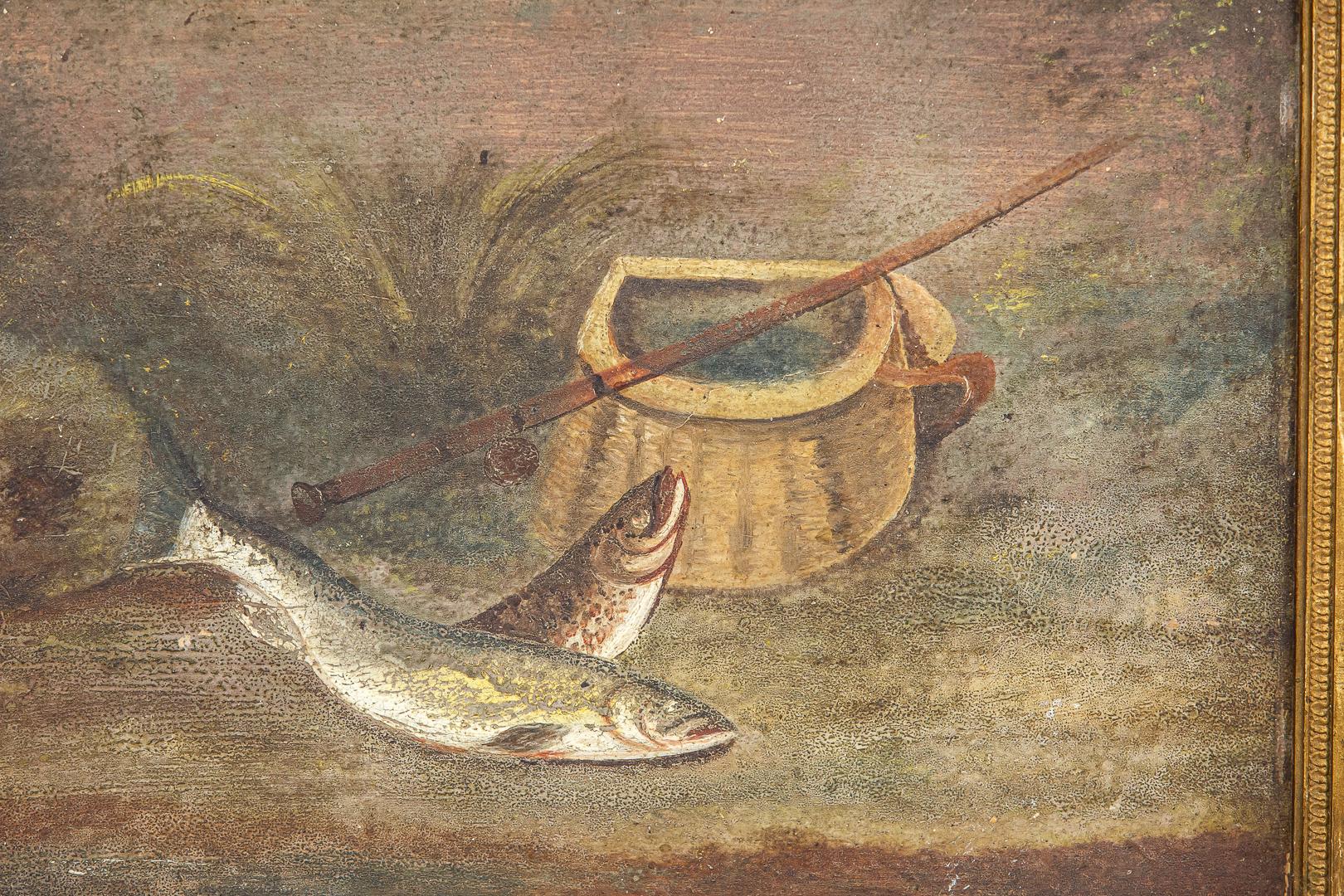 Paire de peintures anglaises naïves de la fin du XIXe siècle à l'huile sur panneau - Trout de rivière 4