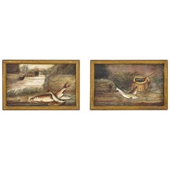 Paire de peintures anglaises naïves de la fin du XIXe siècle à l'huile sur panneau - Trout de rivière
