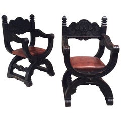 Late 19th Century, Pair of Oak Dagobert Black Patina 'Seats Armchairs Chairs'