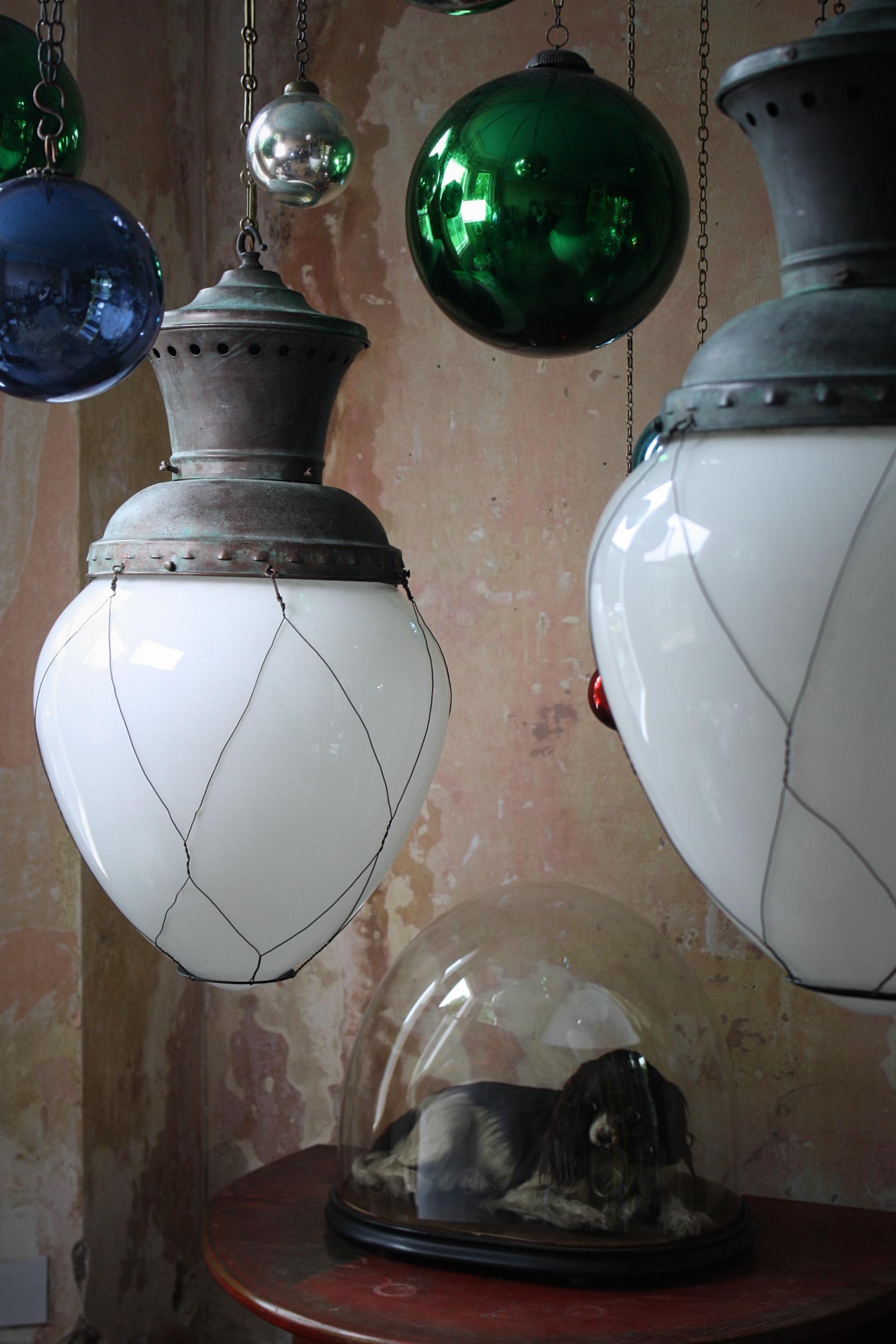 Late 19th Century Pair of Opaline Glass & Copper Lanterns Pendants Lights  7