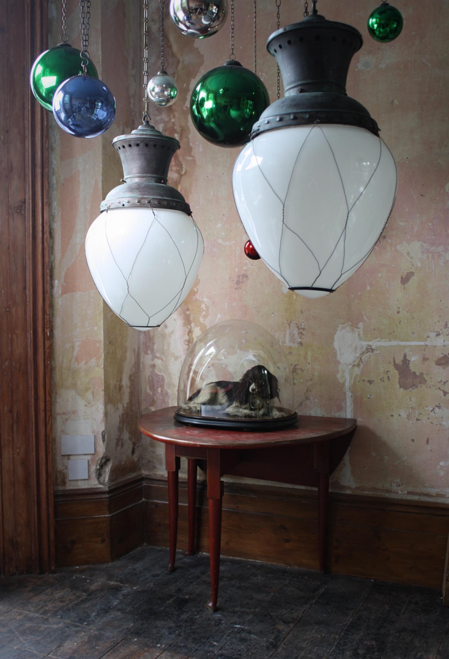 Late 19th Century Pair of Opaline Glass & Copper Lanterns Pendants Lights  8