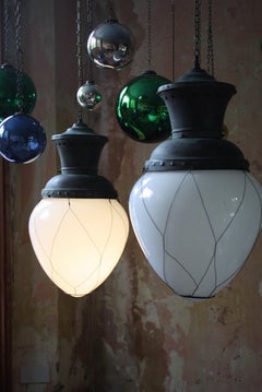 Late 19th Century Pair of Opaline Glass & Copper Lanterns Pendants Lights