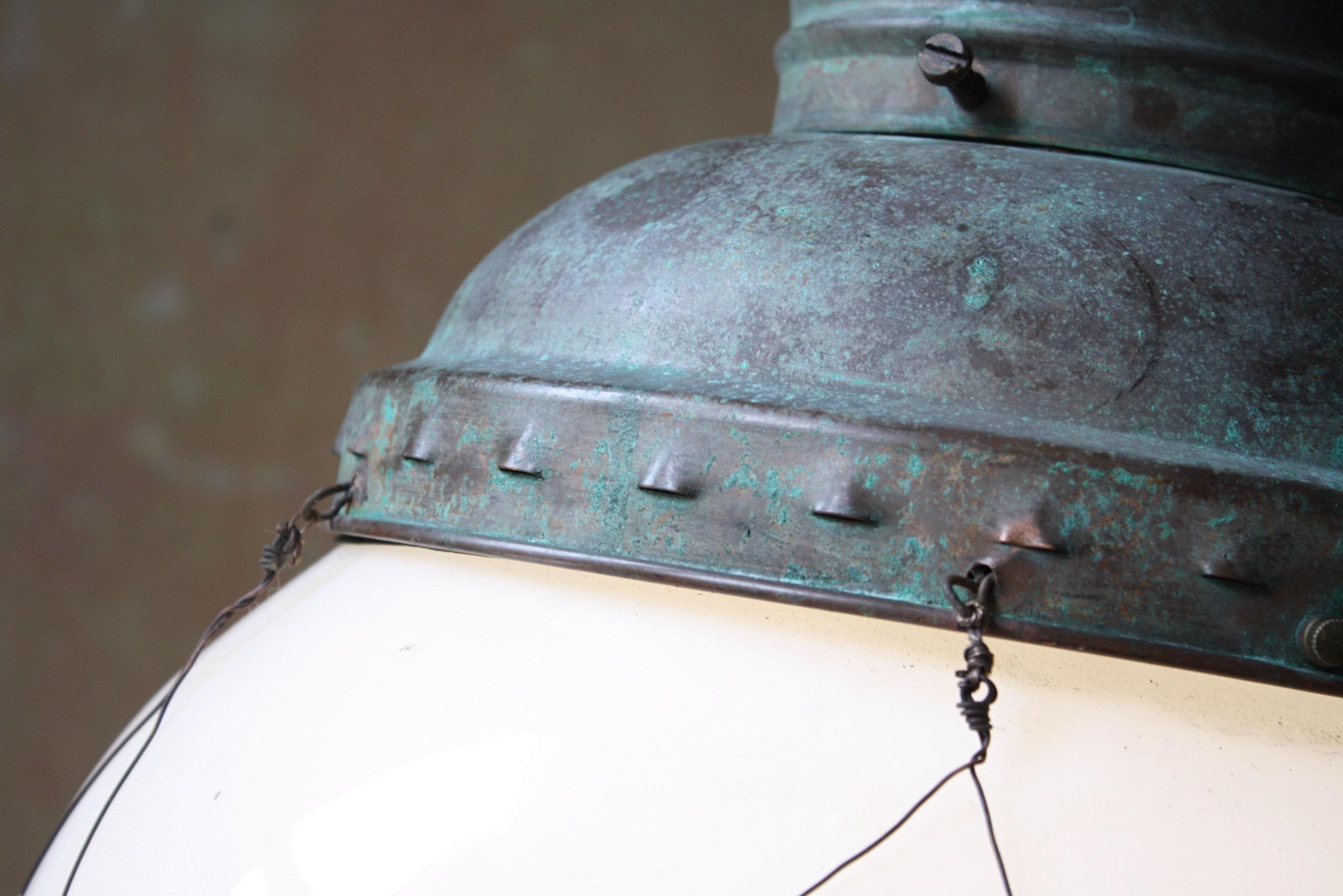 Late 19th Century Pair of Opaline Glass & Copper Lanterns Pendants Lights  1