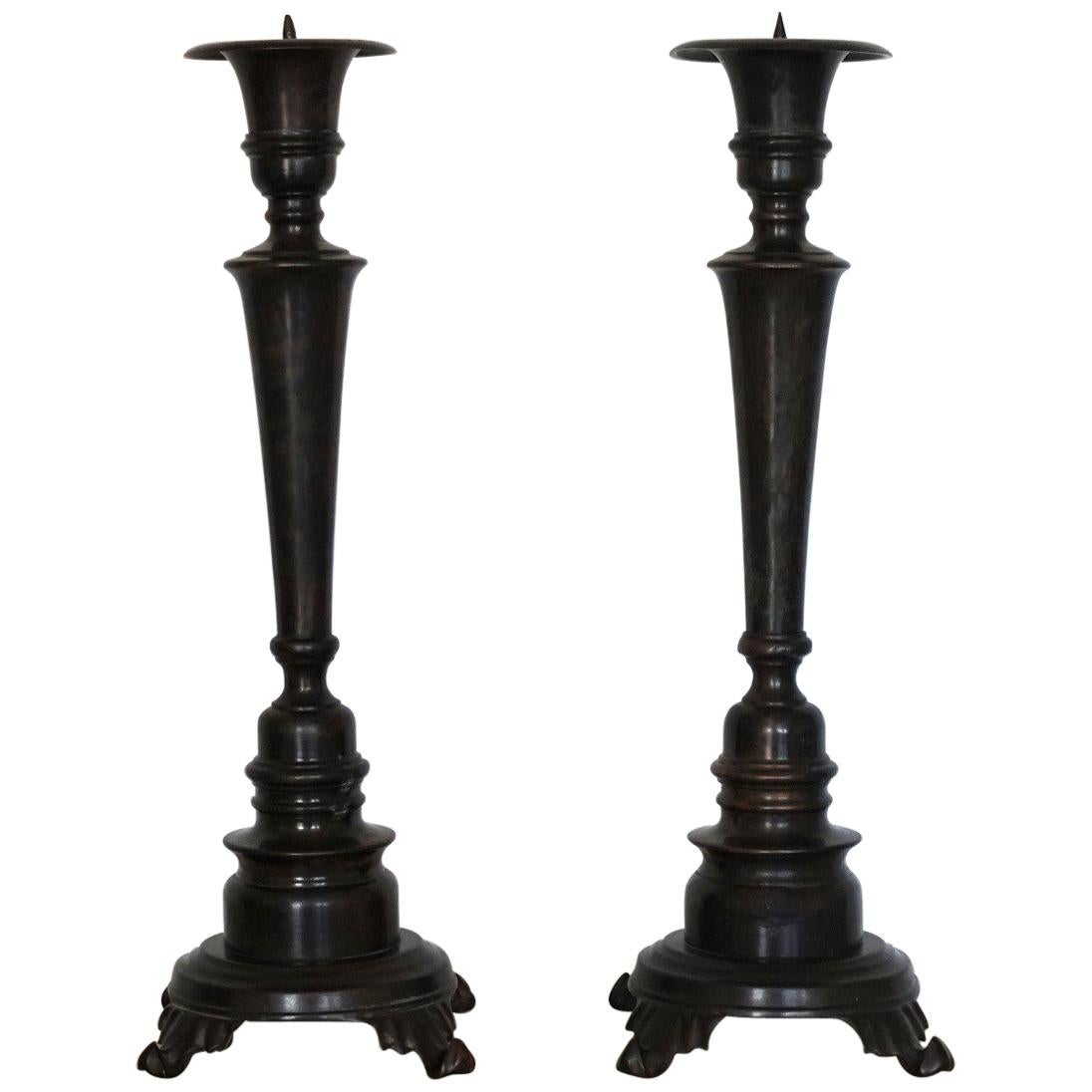 Late 19th Century Pair of Polished and Patinated Cast Bronze Altar Torcheres