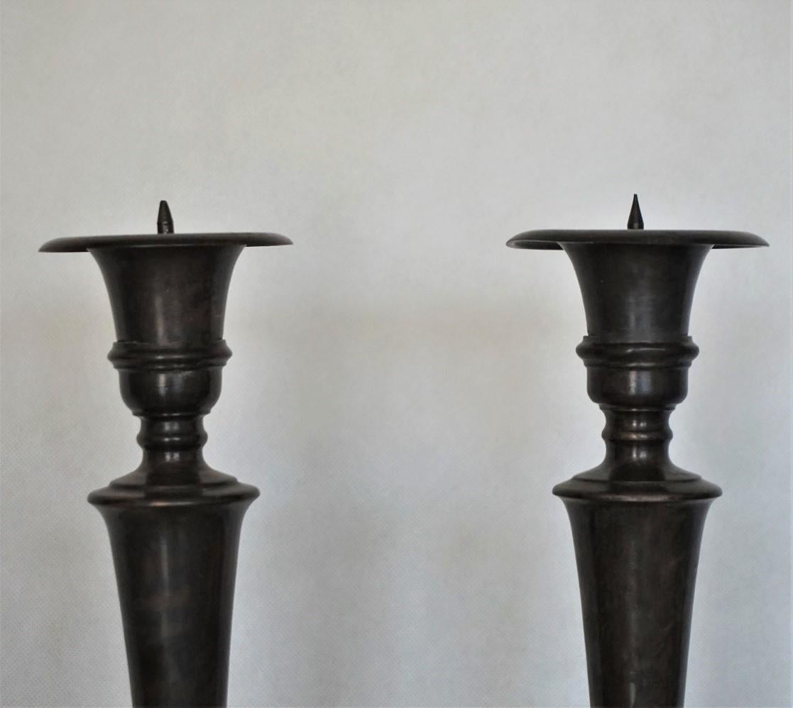 Portuguese Late 19th Century Pair of Polished and Patinated Cast Bronze Altar Torcheres