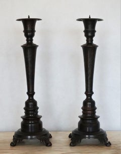 Late 19th Century Pair of Polished and Patinated Cast Bronze Altar Torcheres