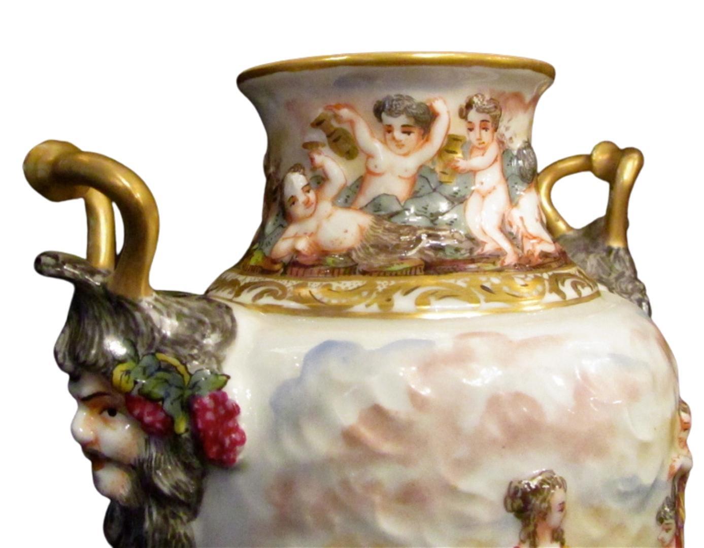 Italian Late 19th Century, Pair of Porcelain Capodimonte Urns with Covers For Sale