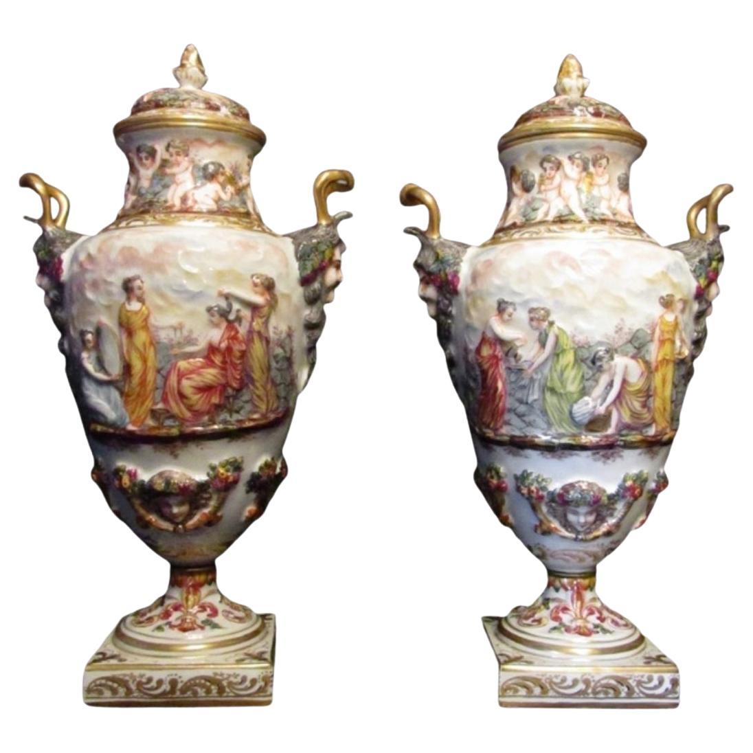 Late 19th Century, Pair of Porcelain Capodimonte Urns with Covers For Sale