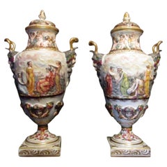 Late 19th Century, Pair of Porcelain Capodimonte Urns with Covers