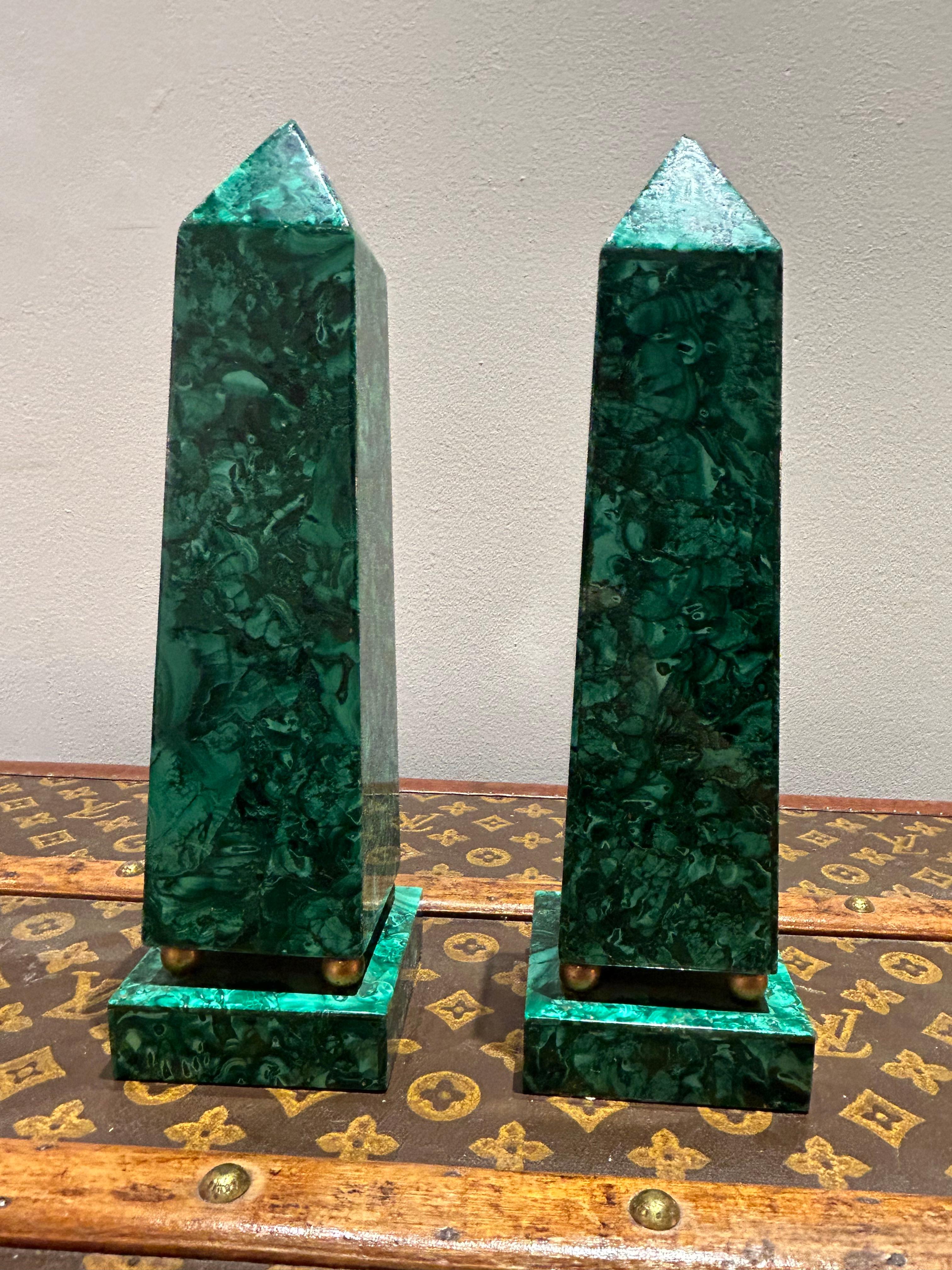 Beautiful late 19th Century Pair of Malachite Obelisks.
Each obelisk seat on 4 bronze balls as legs and a malachite base.

Dimensions of each obelisk: Height 28cm, width 8cm, depth 8cm 


Condition: Please view the very detailed pictures as they