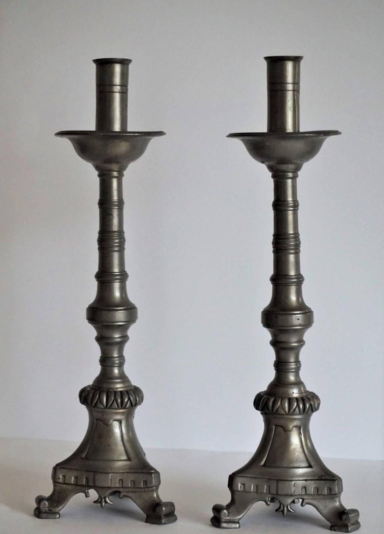 Late 19th Century Pair of Scandinavian Pewter Altar Candlesticks For