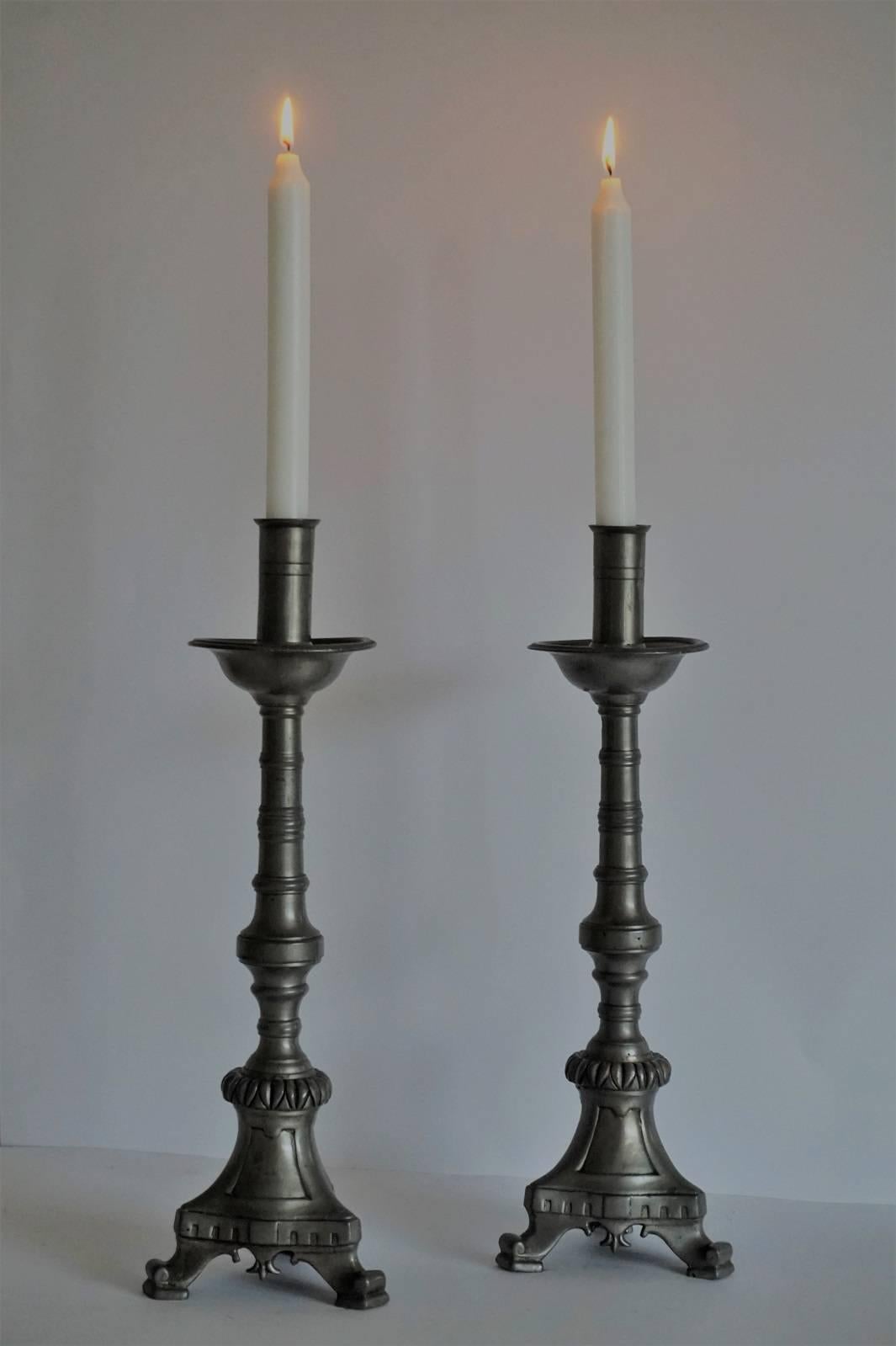 Gothic Late 19th Century Pair of Scandinavian Pewter Altar Candlesticks