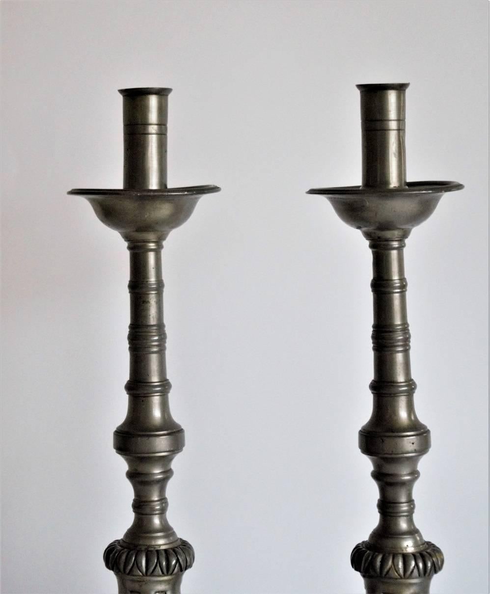 Late 19th Century Pair of Scandinavian Pewter Altar Candlesticks 1