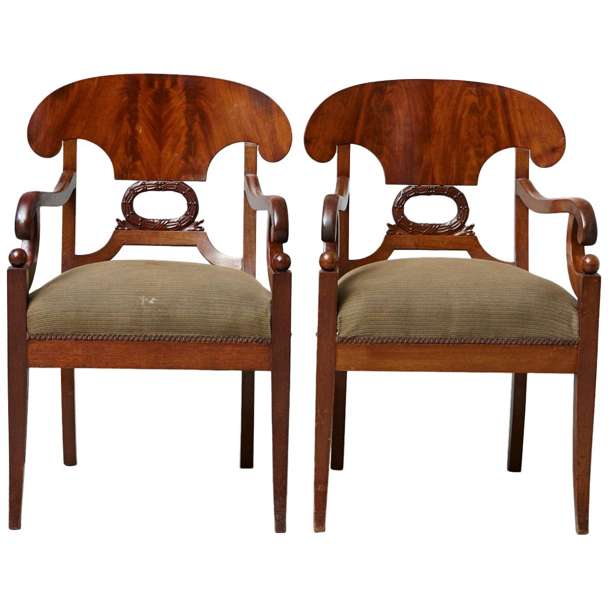 Late 19th Century Pair of Swedish Biedermeier Birch Wood Armchairs