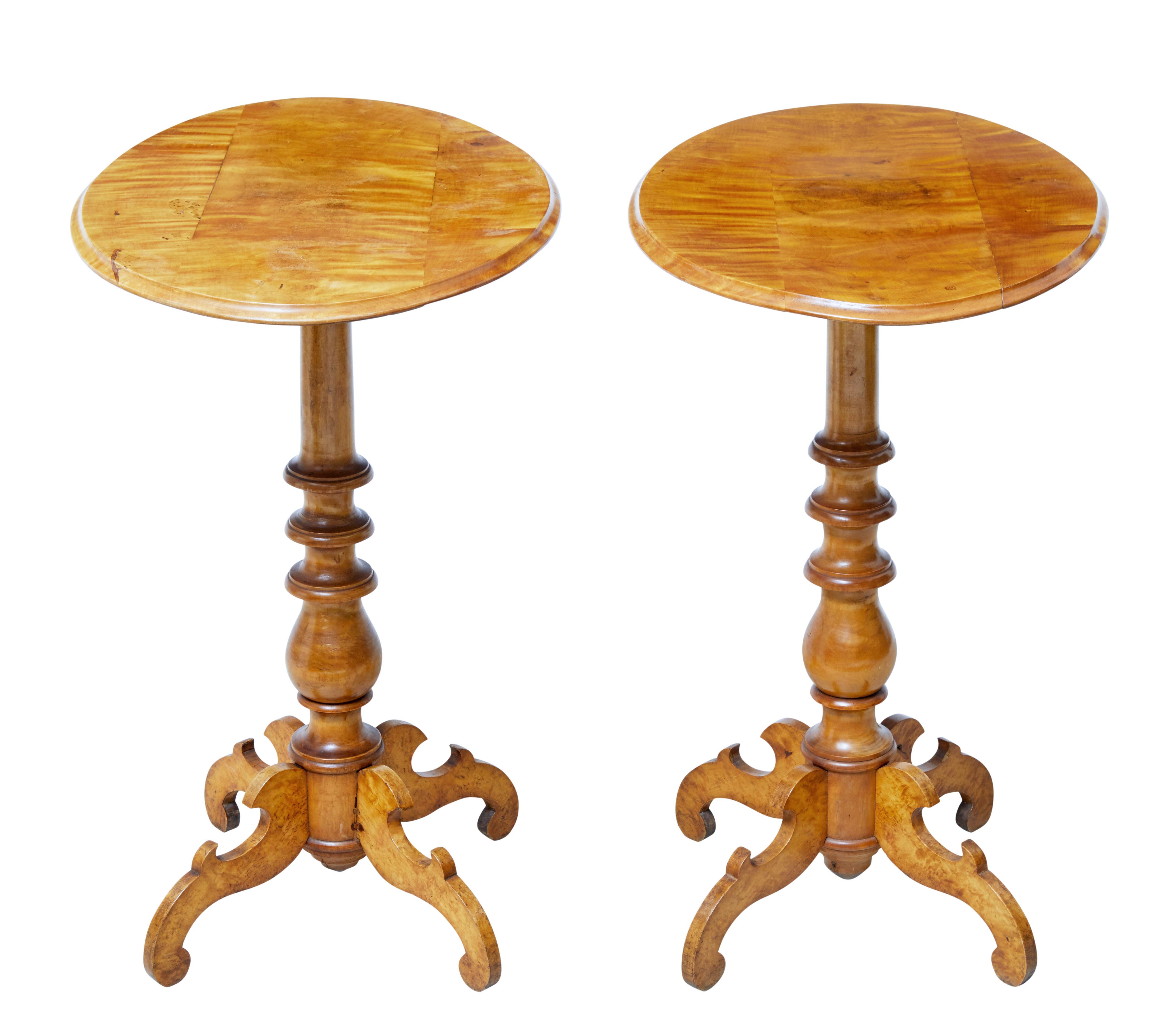 Fine pair of oval top Swedish birch occasional tables circa 1890.

Elegant pair of occasional tables with multiple uses. Good rich birch colour.

Oval tops with turned stem, standing on 4 scrolled legs.

Slight difference in colour between the