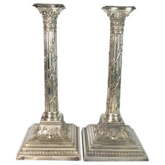 Late 19th Century Pair of Tall Column Form Sheffield Plate Candlesticks