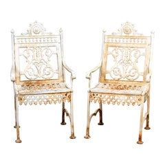 Late 19th Century Pair of Victorian Cast Iron Stamped Seat Garden Chairs