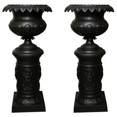 Late 19th Century Pair of Victorian Cast Iron Urns on Pedestals - Pair.